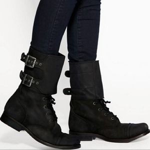 Allsaints Dimisi Combat Boots Black Leather and Pony hair  New Heels Size 40/ 9